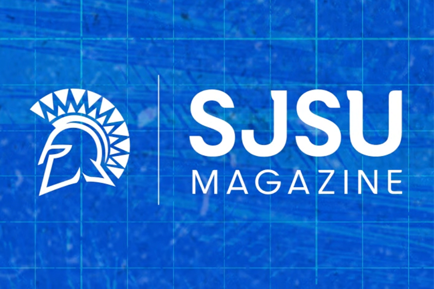SJSU Magazine Logo on a Blueprint Background
