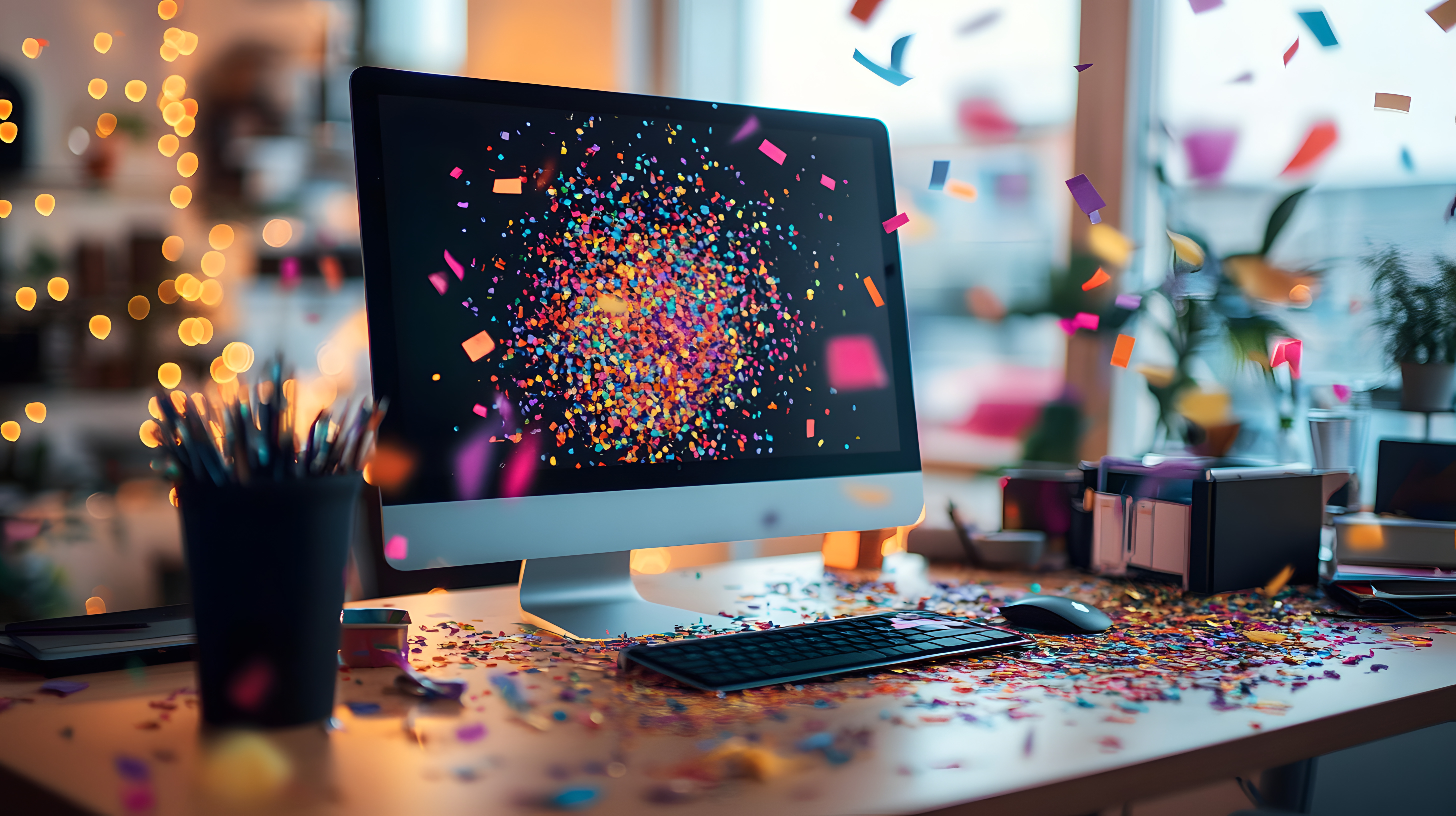 Celebratory image of confetti coming out of a computer monitor