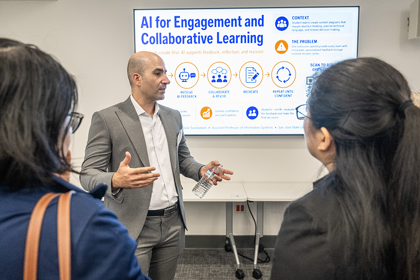 Professor Jason Aleksander presents to follow faculty and gusts his presentation on AI for Engagement and Collaborative Learning