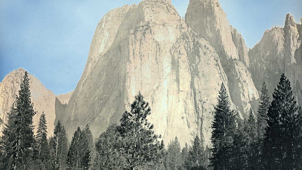 An old-style photograph depicting a mountain landscape with trees prominently featured in the background