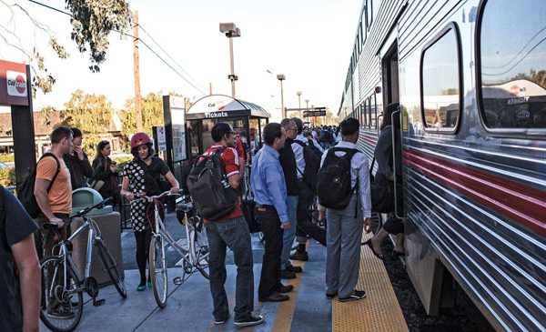 People boarding Caltrain