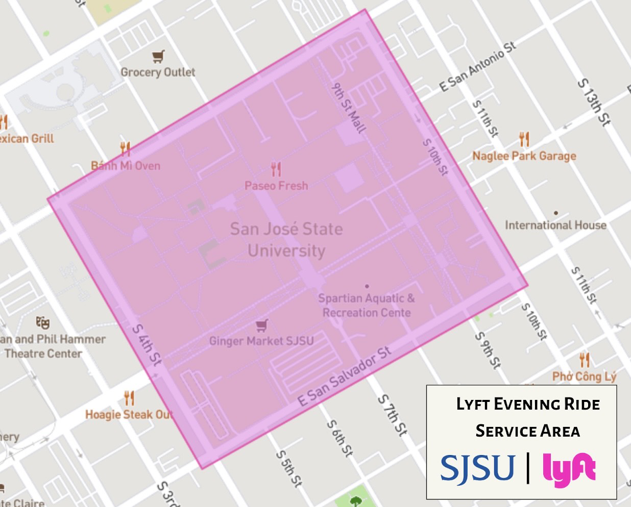 map of sjsu with pink highlight of campus and vicinity to show the borders of the lyft service