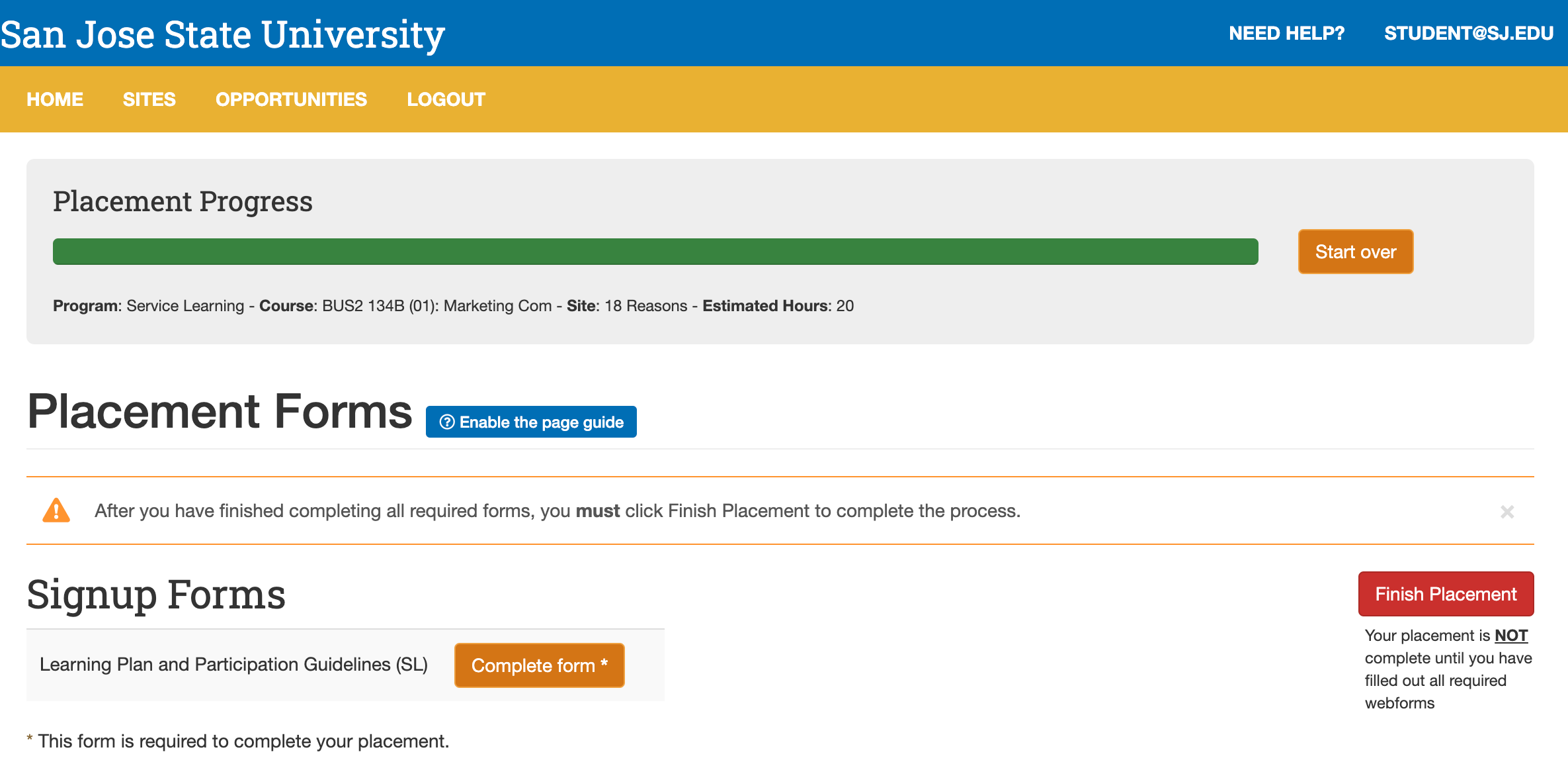 Screenshot of SJS4 'Placement Forms' Page 