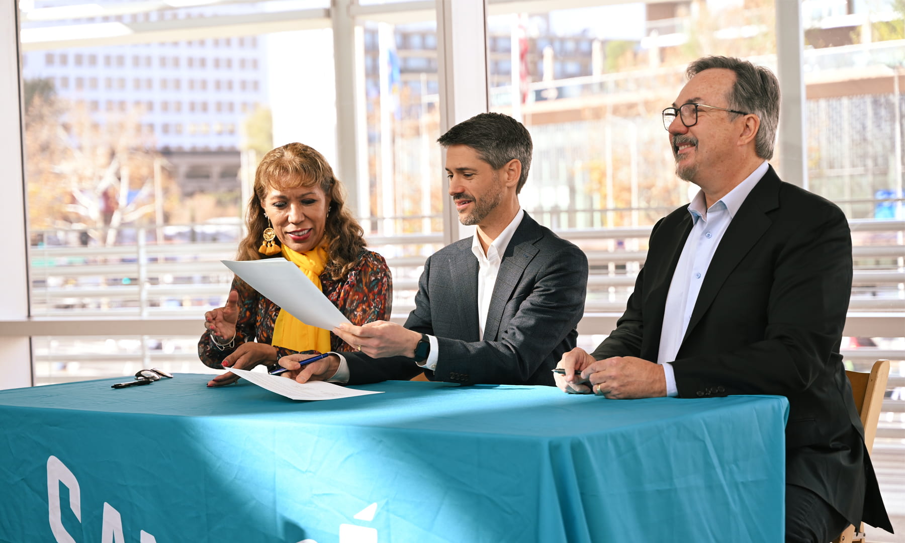 President Teniente-Matson sitting with the Mayor of San Jose at a event for the partnership between SJSU, the City of San Jose and Nivida