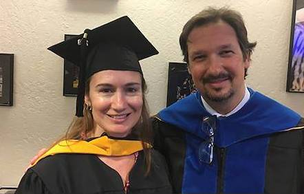 Carrie Bowers, '2018 MS Meteorology, is the recipient of the 2019 Outstanding Thesis Award. She is shown here at Commencement with her advisor, Prof. Craig Clements.