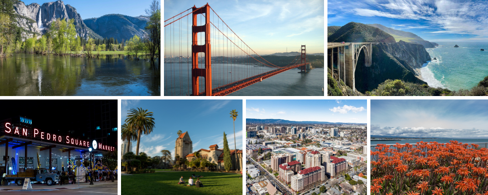 image of bay area locations including San Francisco, Yosemite, and campus shots