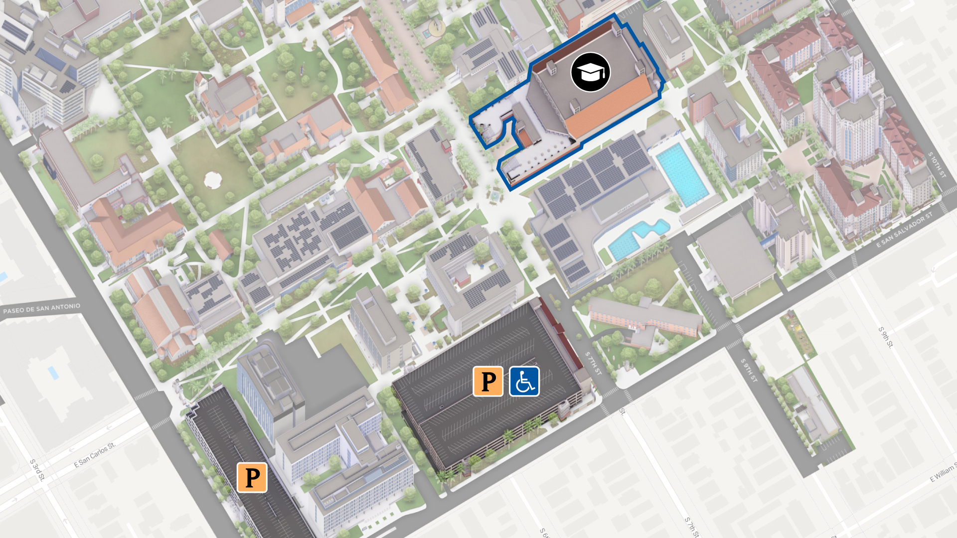 A image of a map showing the west and south parking garages, as well as the event center