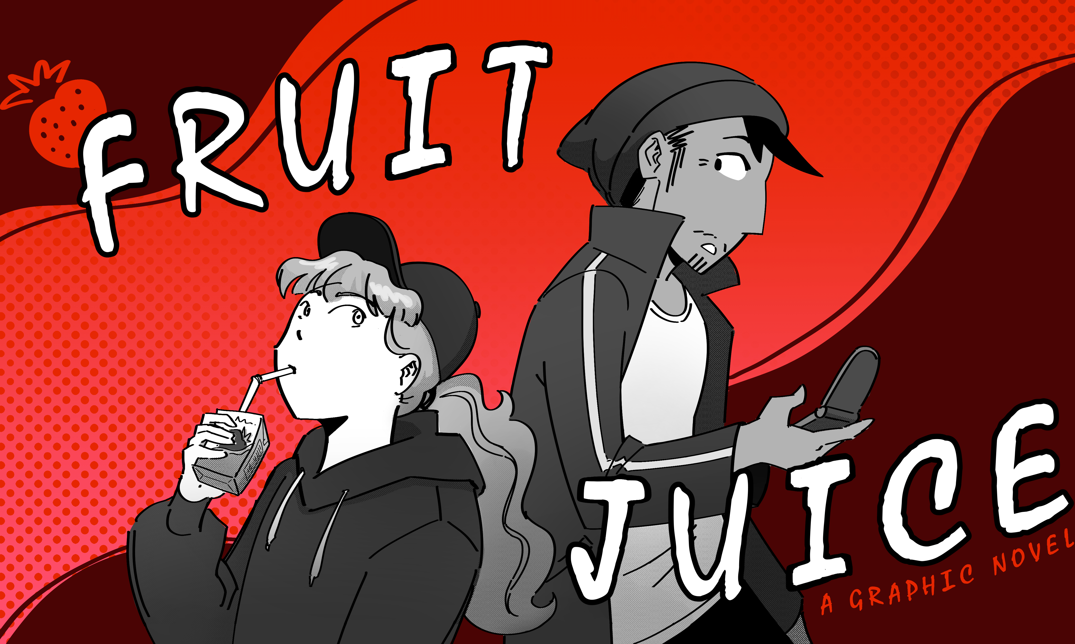 two characters gray red background strawberry 