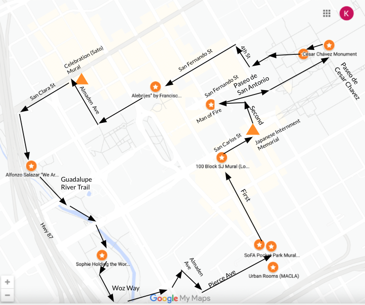 map with points plotted and dotted lines