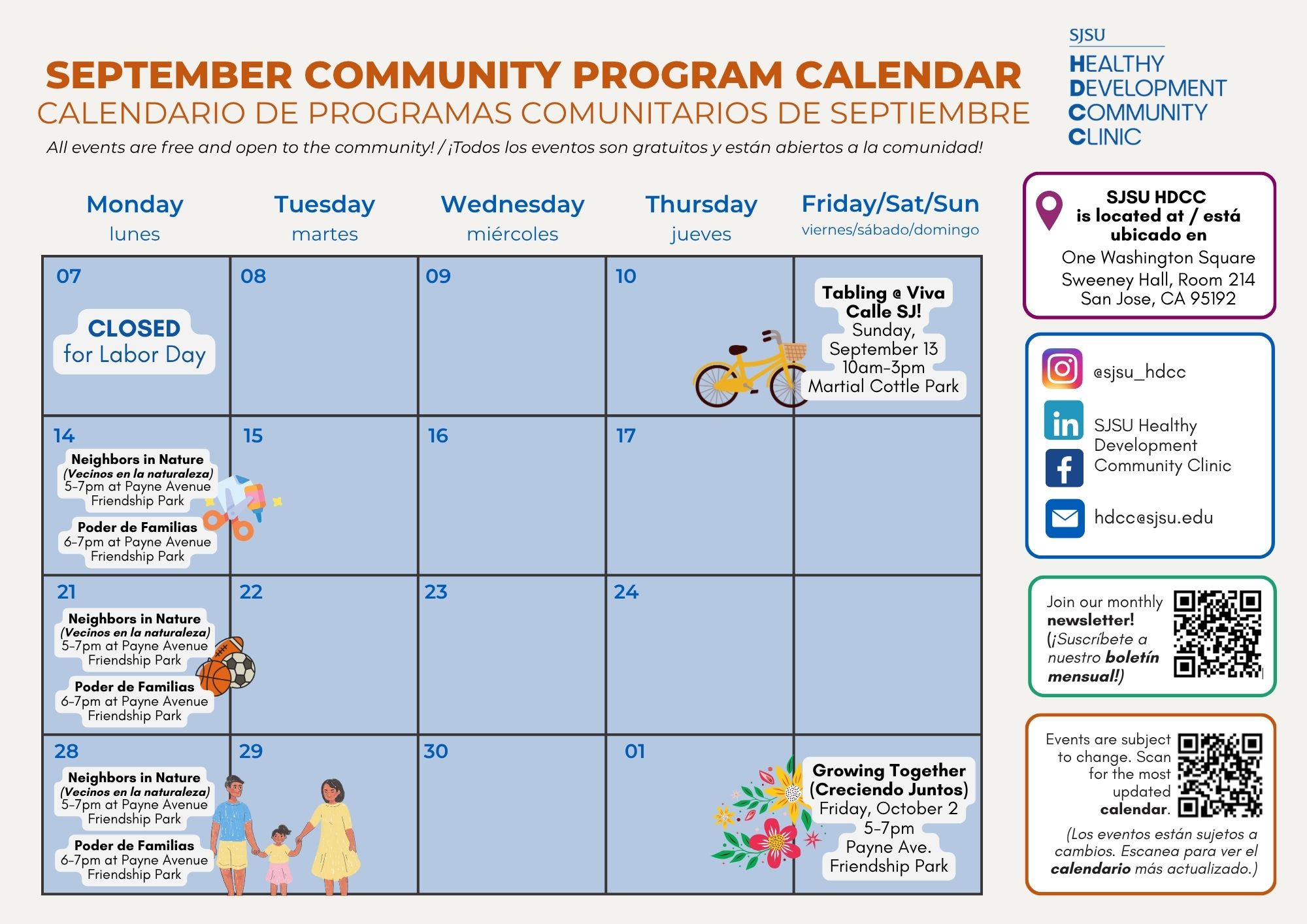 A calendar of our upcoming programs happening in September. Growing Together on October 2nd.