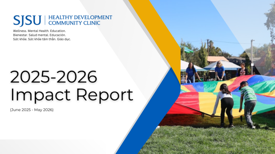 Cover page of our 2025-2026 impact report. Shown is a group of people playing with a parachute.