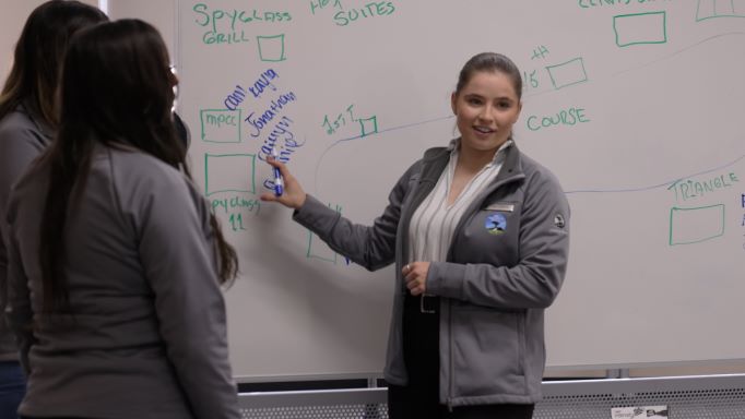 Student explaining an event map on a whiteboard