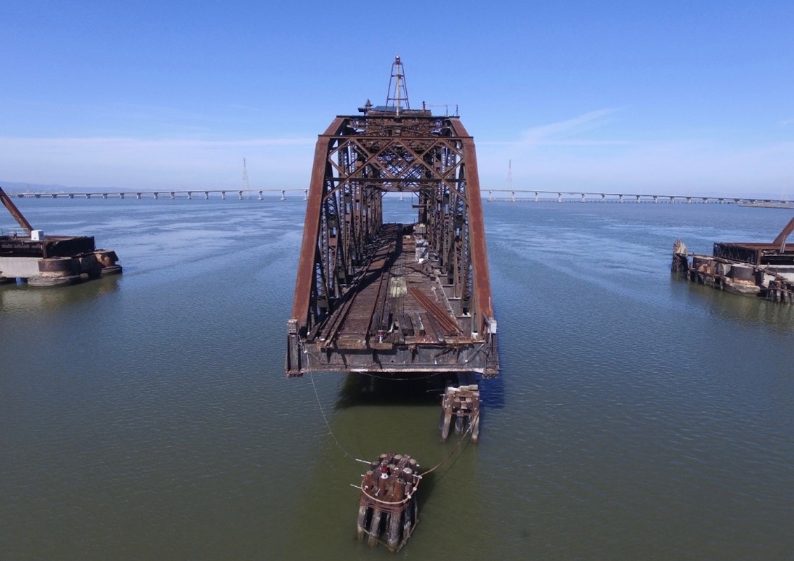 Drone view of the Dumbarton Bridge left open to provide boat access south of the bridge