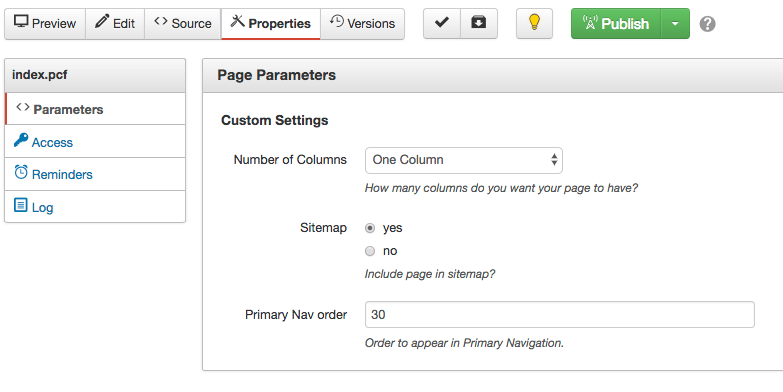 Screenshot of Page Properties screen in OU Campus.