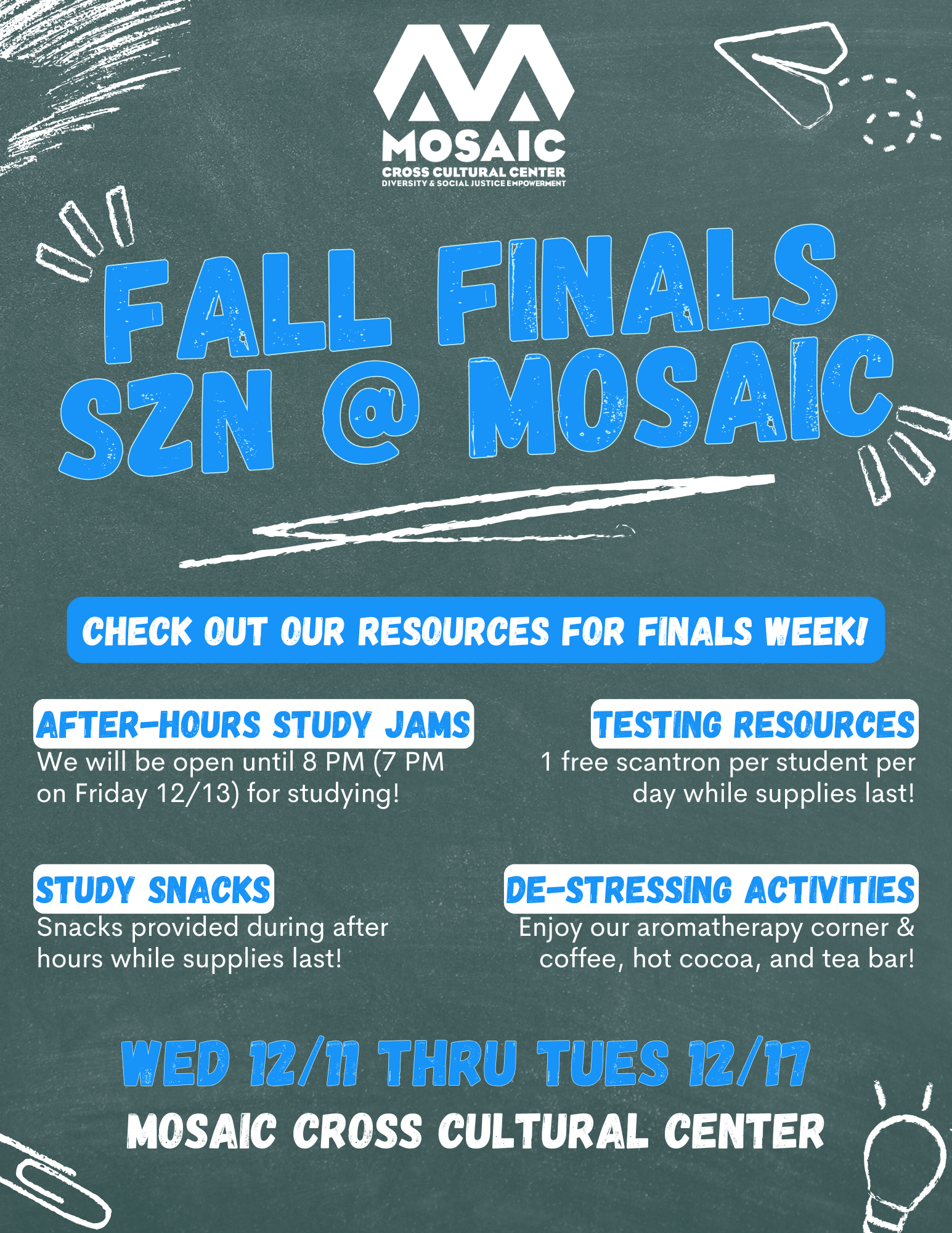 flyer describing fall 2024 finals services at mosaic