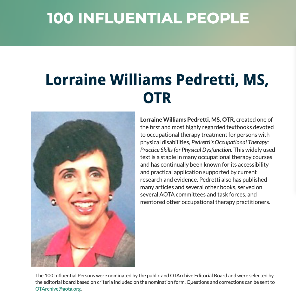 photo screenshot of Lorraine Pedretti from 100 Influential People in OT