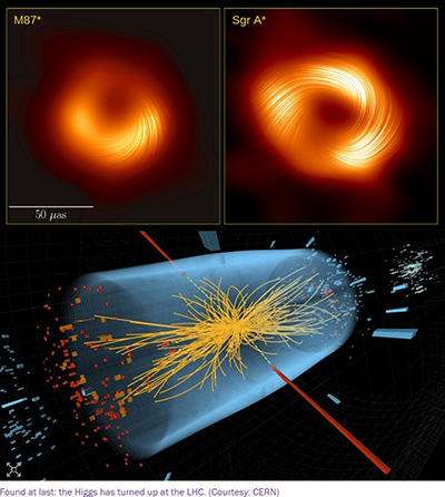 Image of a black hole and particle physics collision.