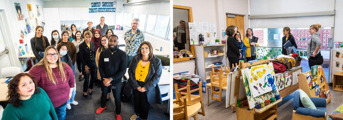 The president meeting with students and visiting a classroom with the dean.