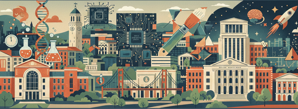 Collage of SJSU campus buildings with STEAM+ fileds of study artistically represented.