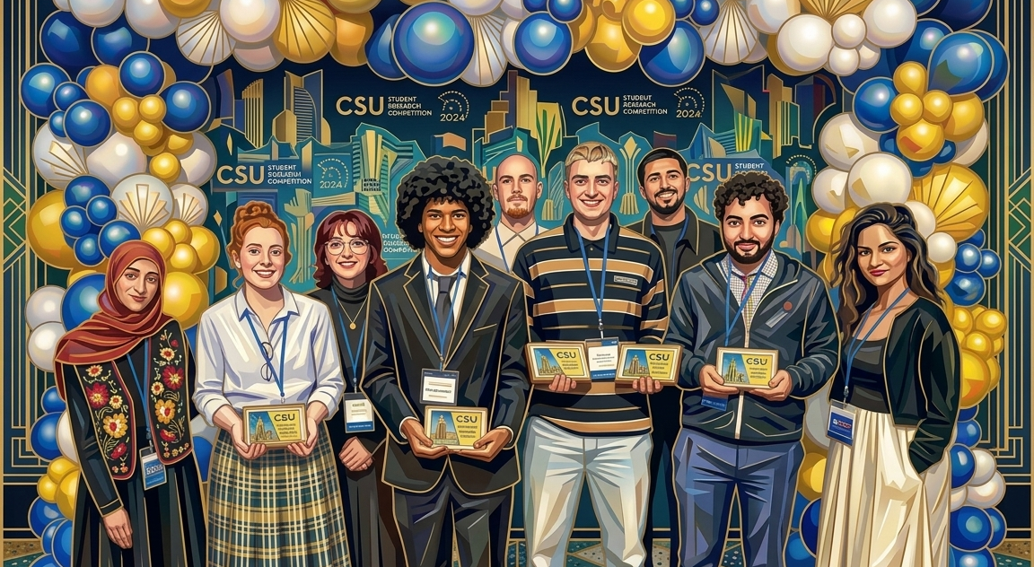 A photo of one group of 2026 CSU Student Research Competition winners holding their award plaques, standing in front a branded banner decorated in white, gold, and blue balloons.