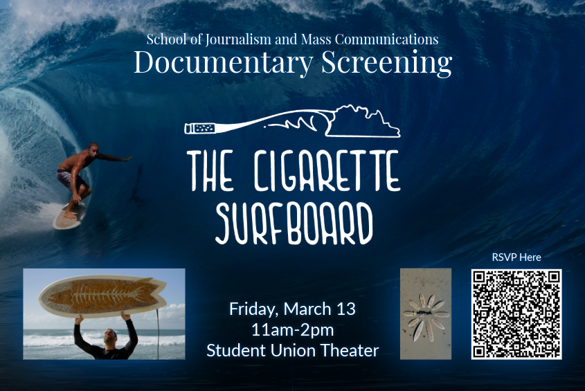 Cigarette Surfboard ecological documentary screening at SJSU on March 13, 2026 from 11 a.m. to 2 p.m. in the Student Union Theater