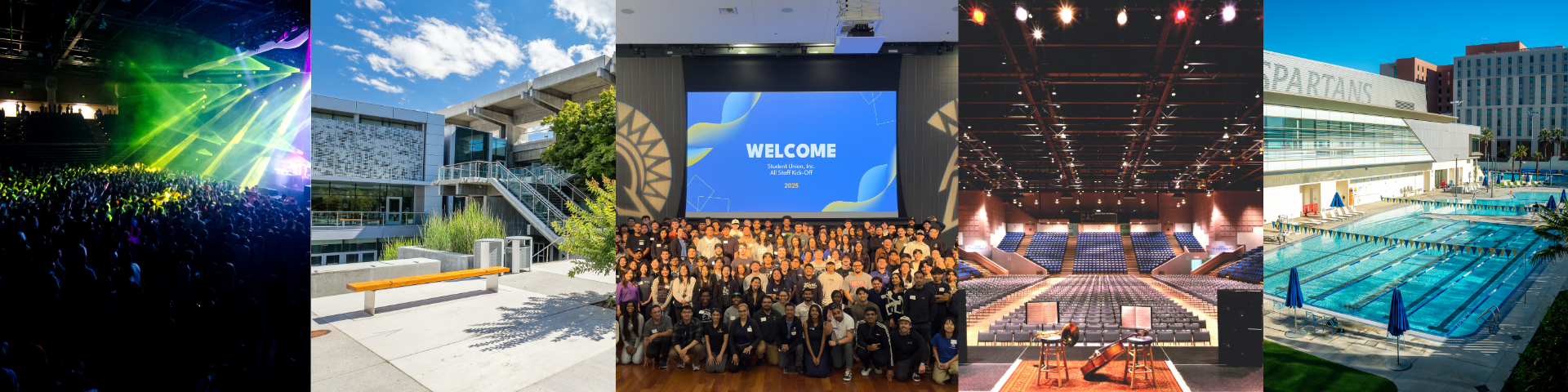 Collage of a bunch of student union facilities and events.